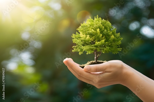 A gentle hand cradling a young, vibrant tree in a forest setting