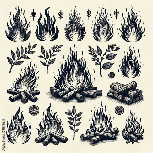 Set of flame and fire in vintage style. Hand drawn engraved monochrome bonfire sketch. Vector illustration for posters, banners and logo.

