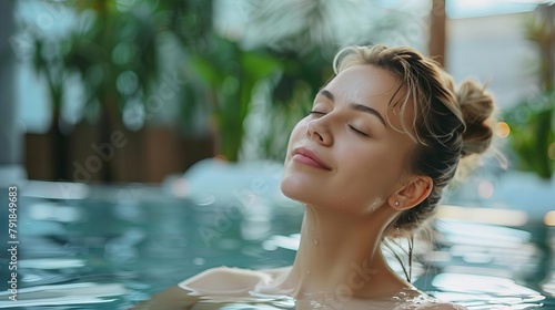 serene woman relaxing in spa jacuzzi with eyes closed enjoying peaceful moment of selfcare and wellness lifestyle photo