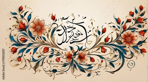 Beautiful Turkish tezhip floral adornment, arabic calligraphy, invitation, and Islamic decoration depicted in a vector style on a cream background. View Less with Numerik photo