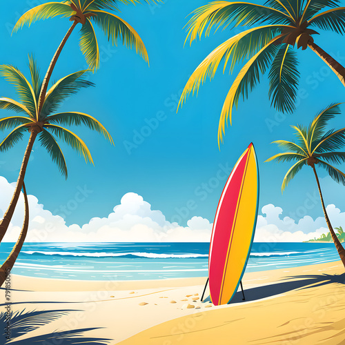 clipart of a vibrant surfboard planted firmly in the golden sands accompanied 