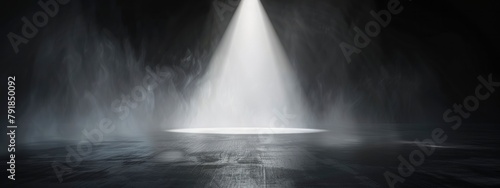 Black background with spotlight  white spotlight in the center of the picture  fog on floor