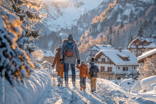 Family Winter Stroll at Sunset in a Quaint Mountain Village Covered in Snow
