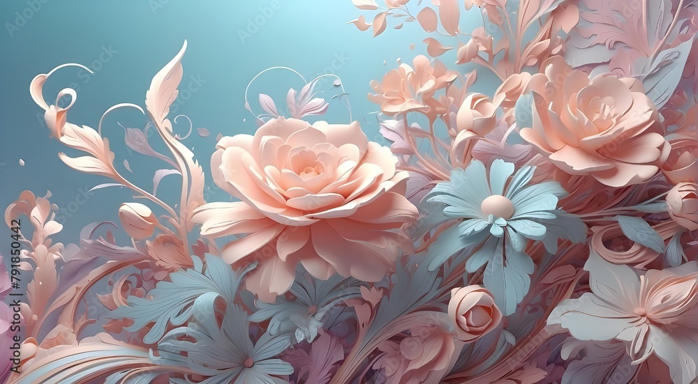Lovely pastel-colored abstract fantasy background with flowers and elaborate decorations, featuring generative artificial intelligence - obrazy, fototapety, plakaty 