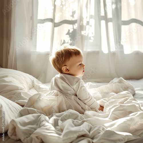 little child sitting on bed
