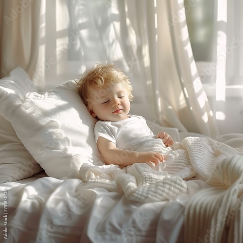 The baby is sleeping comfortably on the bed.