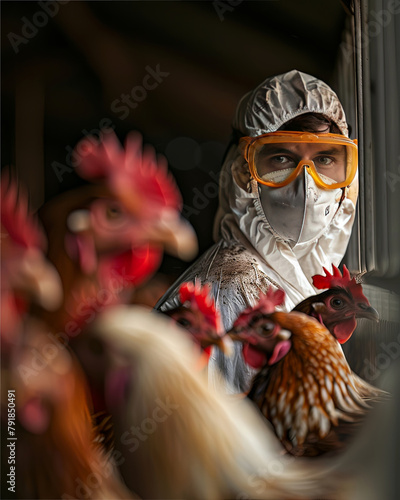 Veterinarian in Protective Gear Focused on Health Check Amidst a Flock of Chickens photo