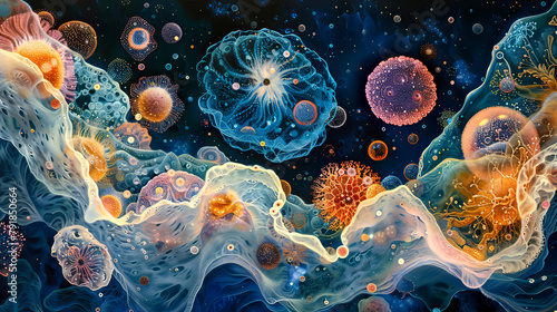 Abstract Microscopic Landscape of Cells and Nuclei in Vivid Colors photo