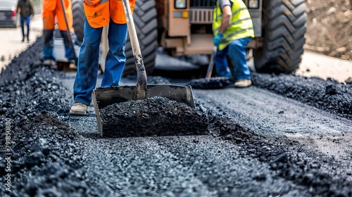 Construction Workers Pave a New Road. Fresh Asphalt Laid by Professional Team. Industrial machinery and manual labor in urban setting. Modern development and infrastructure expansion. AI photo