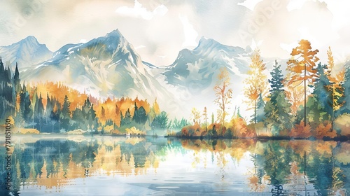 watercolor autumn landscape painting with mountains forests and lake wanderlust travel illustration