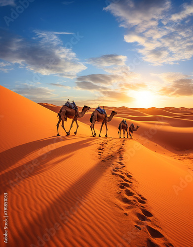 camels caravan walking in the desert, sahara desert сreated with Generative Ai photo