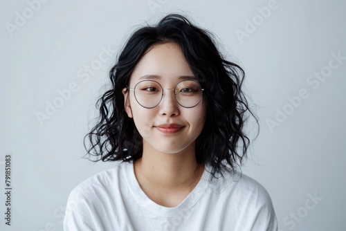 A positive, attractive smiling young woman with black curly hair wearing glasses and a white t-shirt standing in isolation over a light background photo