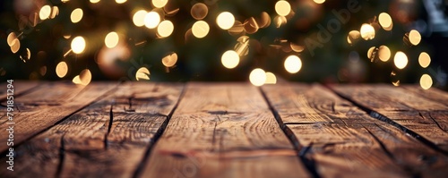 Rustic wooden table with blurred Christmas tree and lights in the background.
