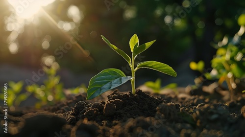 young green plant seedling sprouting from rich soil reaching for morning sunlight closeup photo