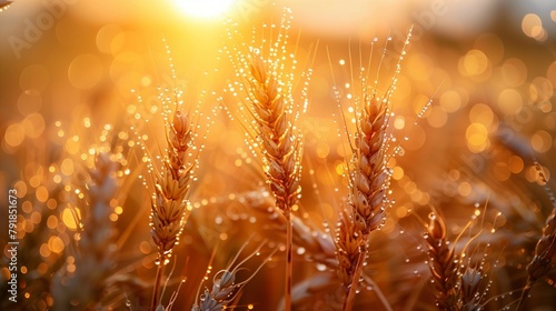 Ethereal Wheat: Close-up of Dewdrops at Dawn, generative ai