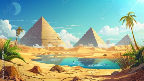 Cartoon scenic background with egyptian pyramides and yellow sand on a desert river. Lake over cracked ground in the dry African Sahara, green dusty plants in dusty ground with a sunny blue sky. photo