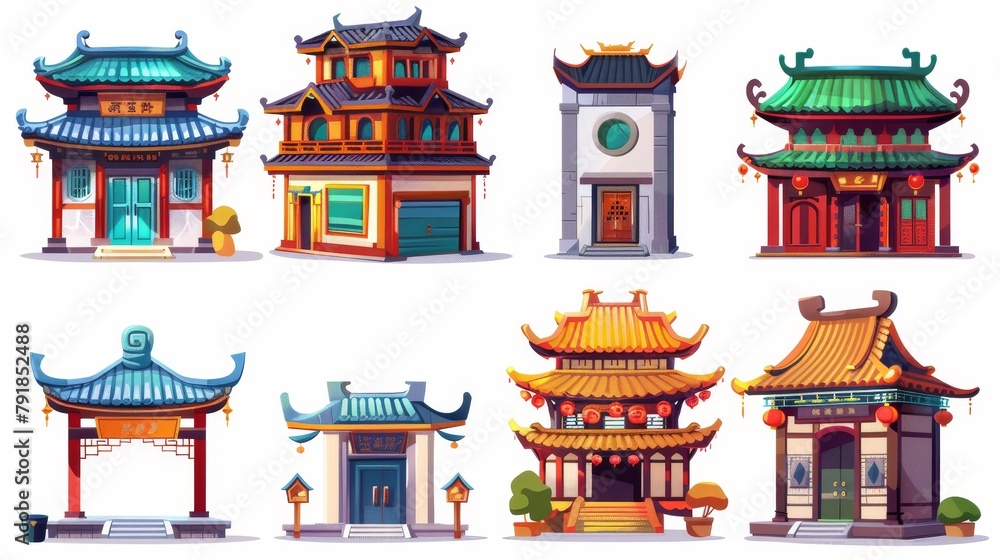 Set of different buildings isolated on white background. American, European, and Asian style architecture, garage house, traditional Chinese temple, and apartment block. Set of different buildings isolated on white background. American, European, and Asian style architecture, garage house, traditional Chinese temple, and apartment block.