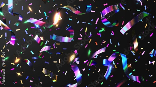 A modern set of neon hologram confetti on a transparent background. Rainbow hologram glitter party paper. A curved foil foil element falling. Angular abstract realistic serpentine elements. photo