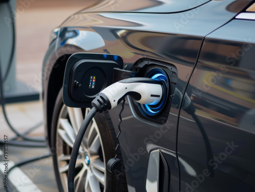 Close-up view, of an Black electric vehicle undergoing charging.