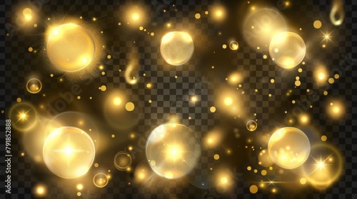 The result of a realistic set of golden light shines on a transparent background. Modern illustration of yellow flashes with shimmering glitter particles. Magic energy  explosion bokeh effect and