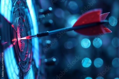 Dart hitting bullseye with glowing red light effect and bokeh background, symbolizing success and precision.