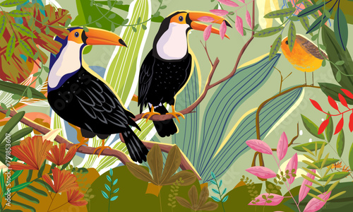 Tropical toucan birds on branch, forest on background hand drawn vector illustration.