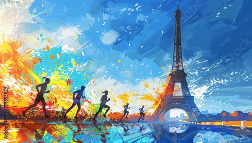 Paris half marathon  the Eiffel Tower in the background with several runners running towards it  vibrant colors  colorful splashes Generative AI