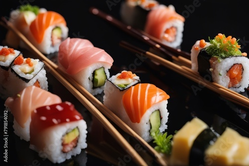 'sushi pieces placed chopsticks black background maki motion concept mix isolated asia asian white bar big california chopstick close closeup colours cookery dinner eat fish fly food fusion epicure'