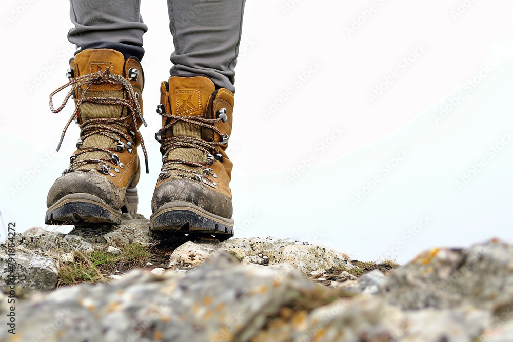 A pair of hiking boots standing on a rocky trail, ready for an adventurous summer hike through nature's wonders isolated on solid white background.