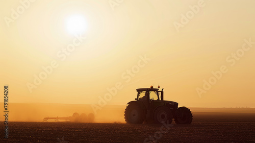 A minimalist view of a tractor's silhouette at sunrise, with soft morning light. 