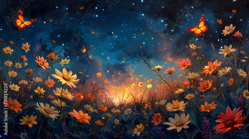 Glowing Garden Symphony: Bioluminescent Butterflies Dance Among Radiant Flowers