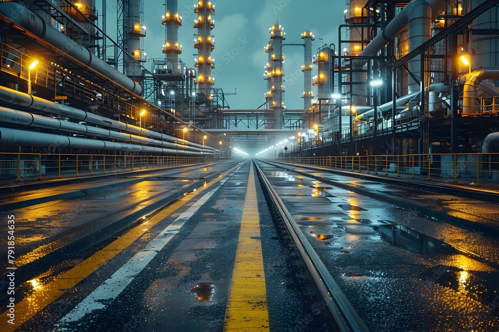 Illuminated Industrial Refinery at Night with Reflective Pathways and Cityscape Backdrop