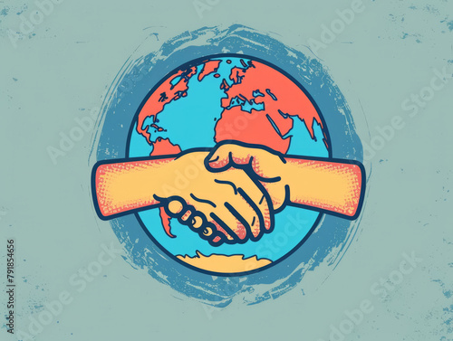 Two stylized hands shaking against the backdrop of a simple globe, depicting global cooperation