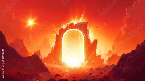 Infernal cosmic ground and star in sky. Aura effect in hell gate. Fantasy magic game portal cartoon red landscape.