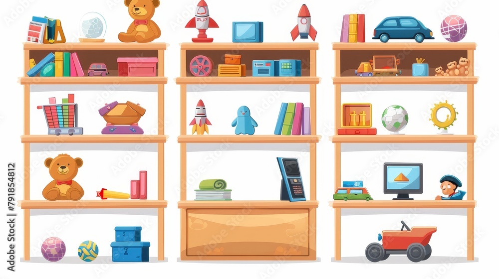 Various items in a toy shop isolated on a white background. Modern illustration of wooden shelves with teddy bears, stuffed dogs, cars, rockets, books, cubes, balls, computer at the cash register. Various items in a toy shop isolated on a white background. Modern illustration of wooden shelves with teddy bears, stuffed dogs, cars, rockets, books, cubes, balls, computer at the cash register.