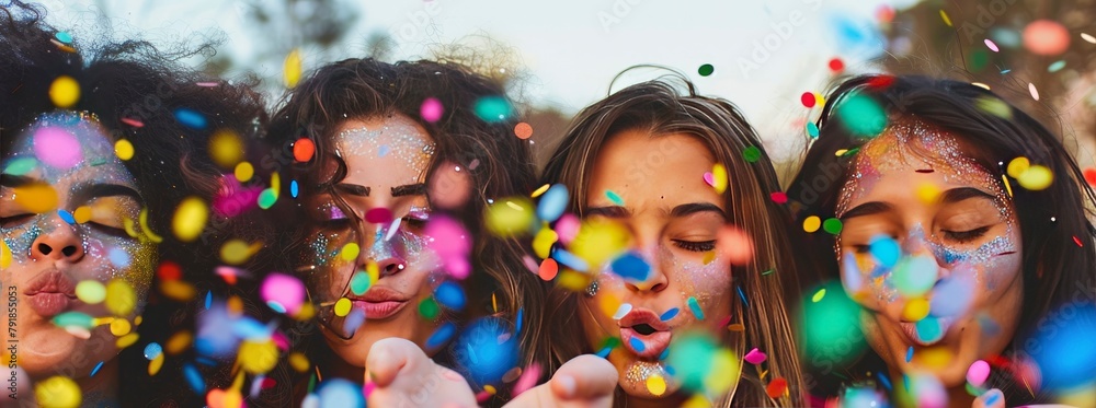 Four diverse women blowing confetti outdoors in the daytime