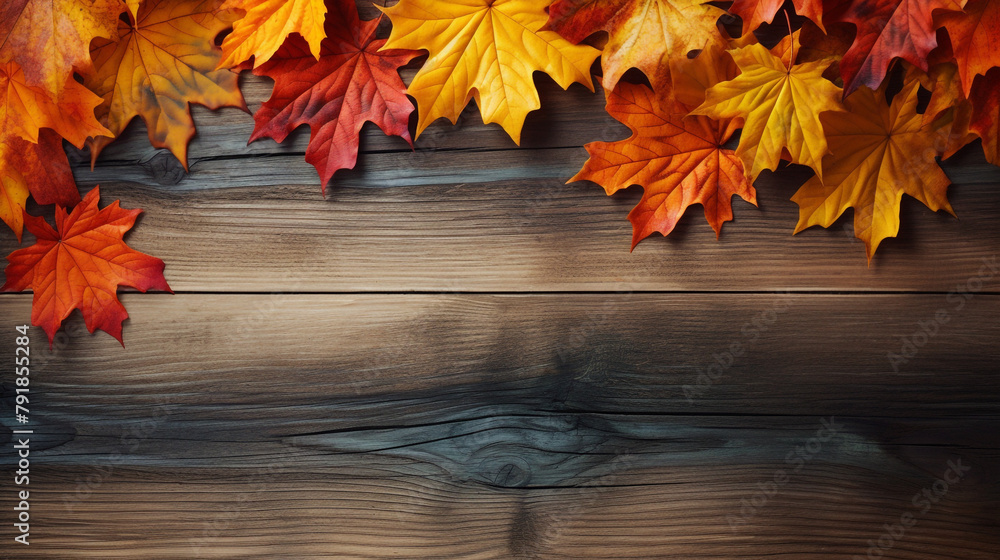 fall maples leaves border on an old wood background сreated with Generative Ai fall maples leaves border on an old wood background сreated with Generative Ai