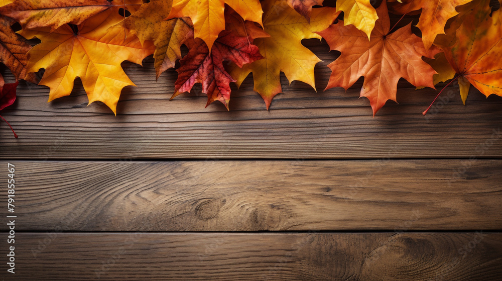 fall maples leaves border on an old wood background сreated with Generative Ai fall maples leaves border on an old wood background сreated with Generative Ai