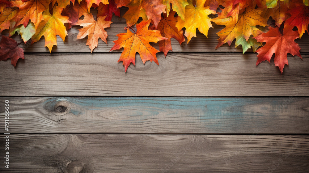 fall maples leaves border on an old wood background сreated with Generative Ai fall maples leaves border on an old wood background сreated with Generative Ai