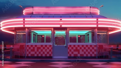 a retrostyle diner with neon lights and a classic checkerboard pattern on the facade. . photo