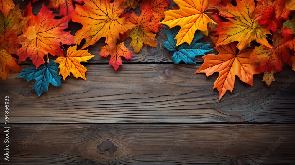 fall maples leaves border on an old wood background сreated with Generative Ai fall maples leaves border on an old wood background сreated with Generative Ai