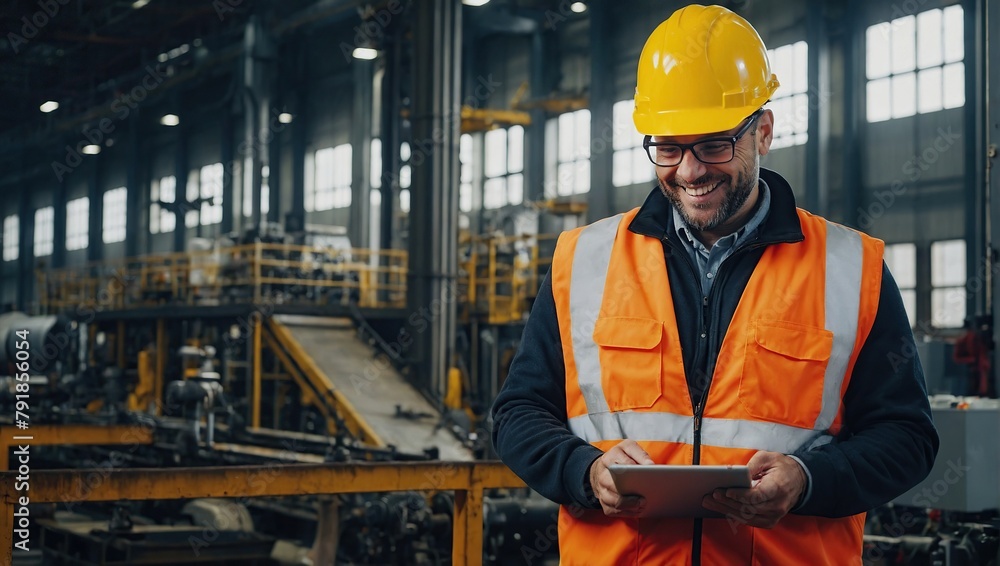 Smiling Engineer Using Tablet in Industrial Facility Smiling Engineer Using Tablet in Industrial Facility