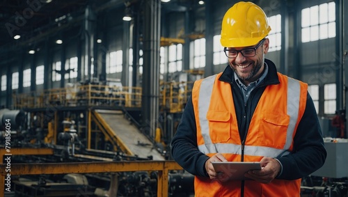 Smiling Engineer Using Tablet in Industrial Facility