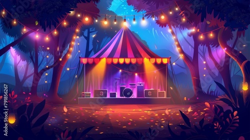 A music concert stage at a night park with a camp tent. Modern illustration of a public festival event in the forest. The scene includes fireworks entertainment for an outdoor festival event.