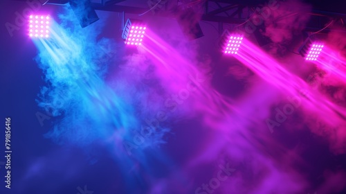 Stunning modern illustration of neon spotlight rays glowing with smoke effect at a dance party at a night club, a performance at the theater, or a concert at a music festival.