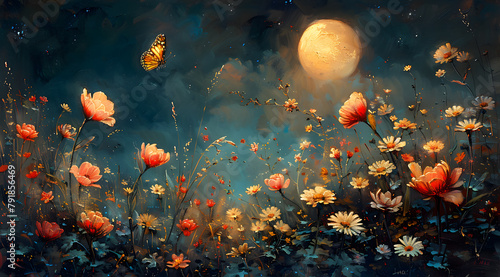 Night's Radiance: Translucent Wings and Sparkling Petals in Moonlight Garden