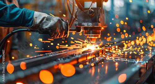 Sparks fly as a welder welds metal in factory. © Alice a.