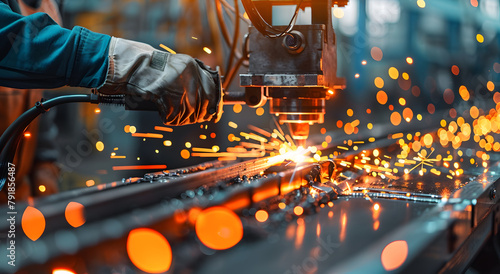 Sparks fly as a welder welds metal in factory.