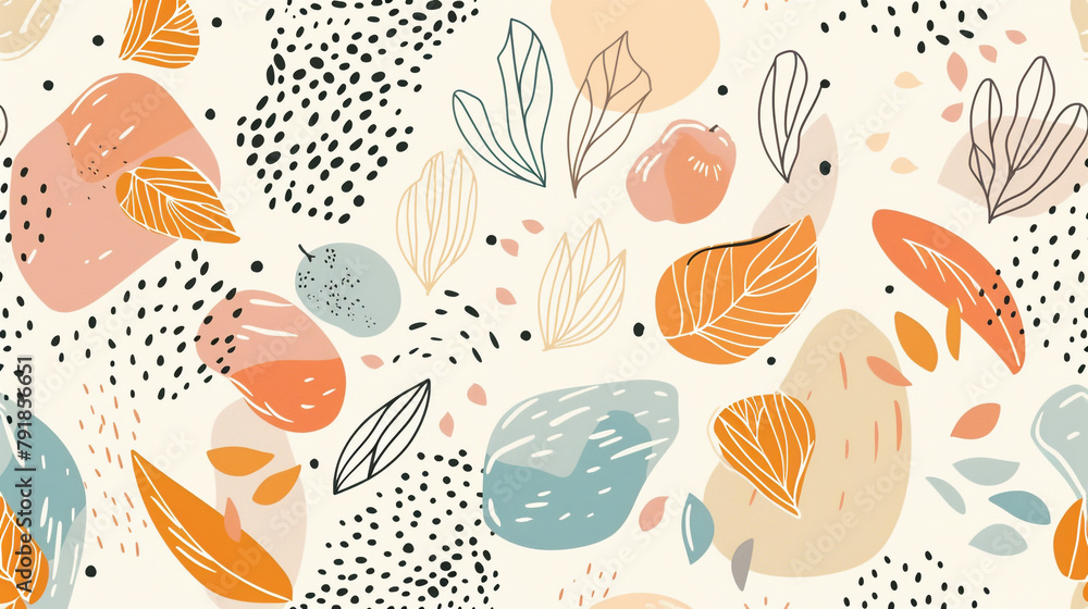 Abstract organic shapes and line art in pastel colors form a seamless pattern in an illustration flat design style with a mix of simple geometric forms. 