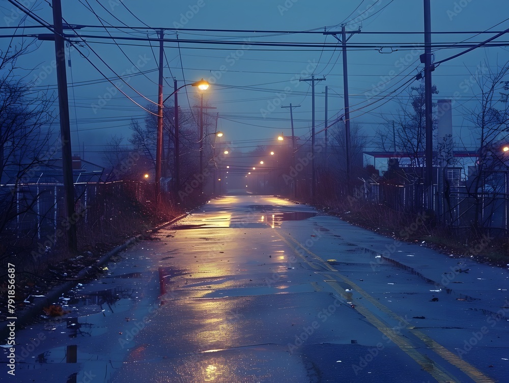 Deserted City Street Bathed in Eerie Glow of Streetlights After Dark